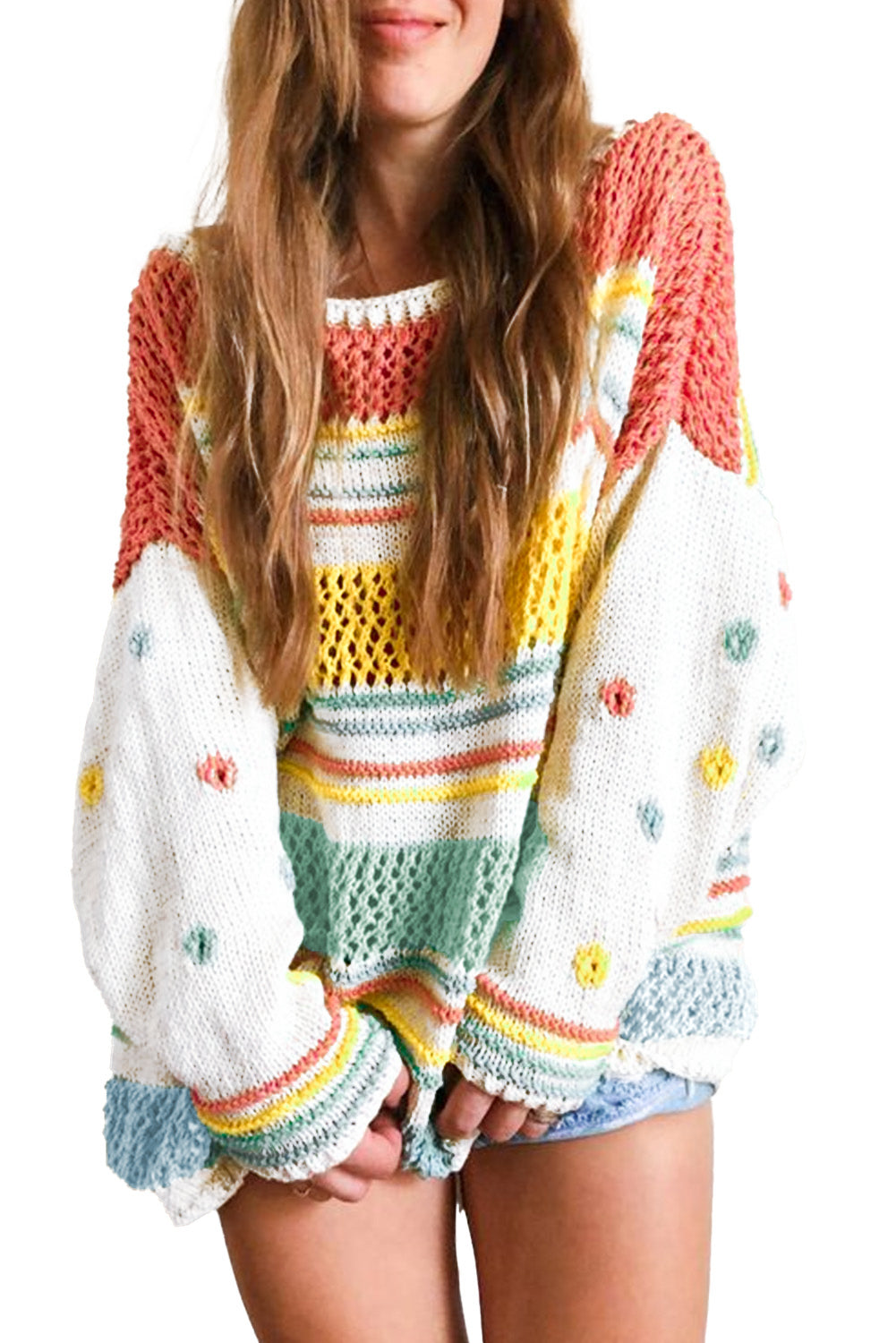 Multicolor Hollow Striped Knit Contrast Sleeve Sweater - Premium Tops from Momma Done Gone Crafty- Just $39.90! Shop now at Momma Done Gone Crafty