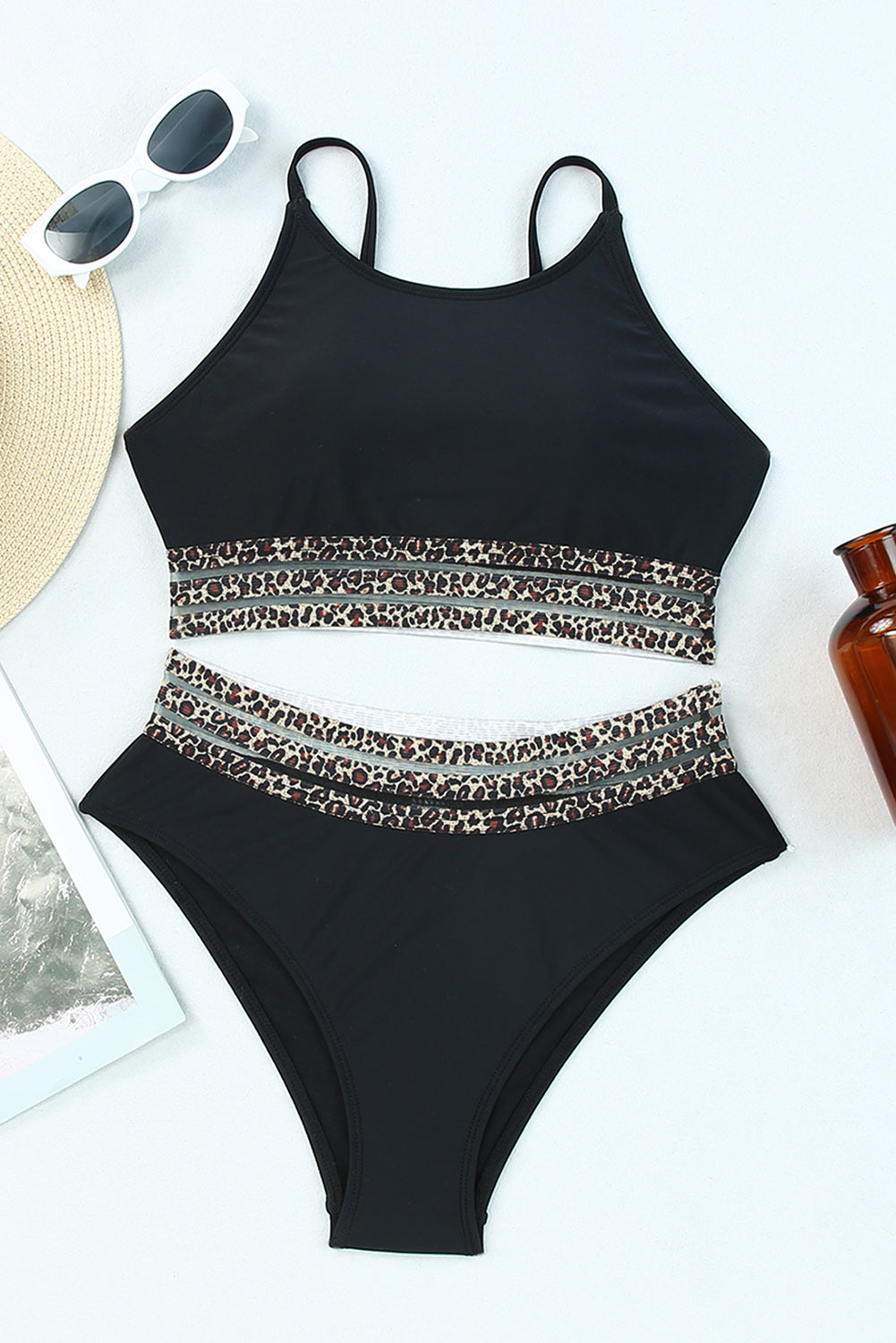 Black Rose Leopard Mesh Trim 2pcs Bikini Swimsuit - Premium Swimwear from Momma Done Gone Crafty- Just $18.00! Shop now at Momma Done Gone Crafty