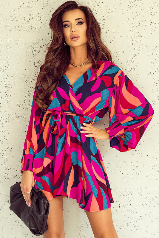 Red Abstract Printed Belted Puff Sleeve Mini Dress - Premium Dresses from Momma Done Gone Crafty- Just $49.94! Shop now at Momma Done Gone Crafty