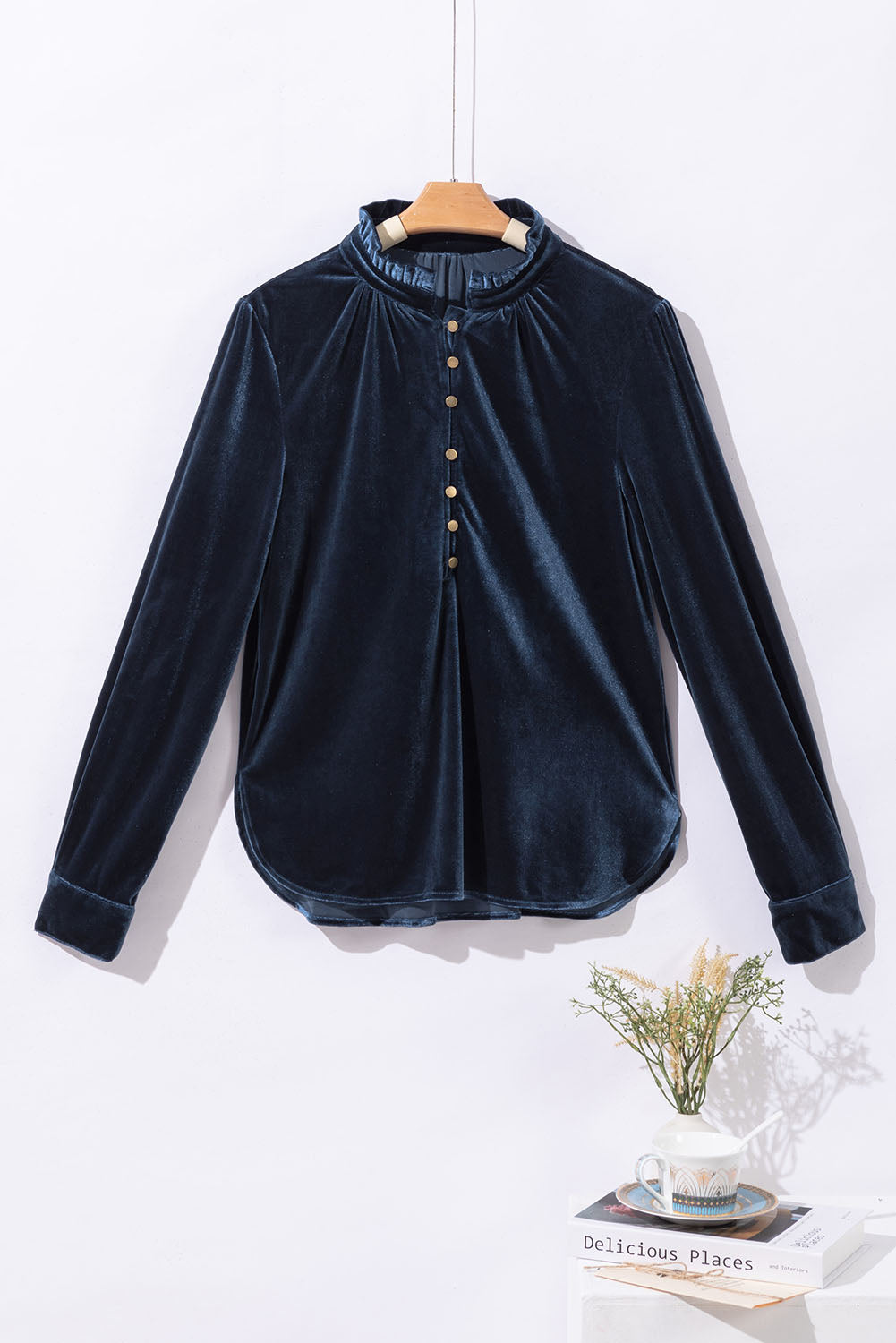 Navy Blue Frilled Neck Buttoned Front Velvet Top - Premium Tops from Momma Done Gone Crafty- Just $40.11! Shop now at Momma Done Gone Crafty