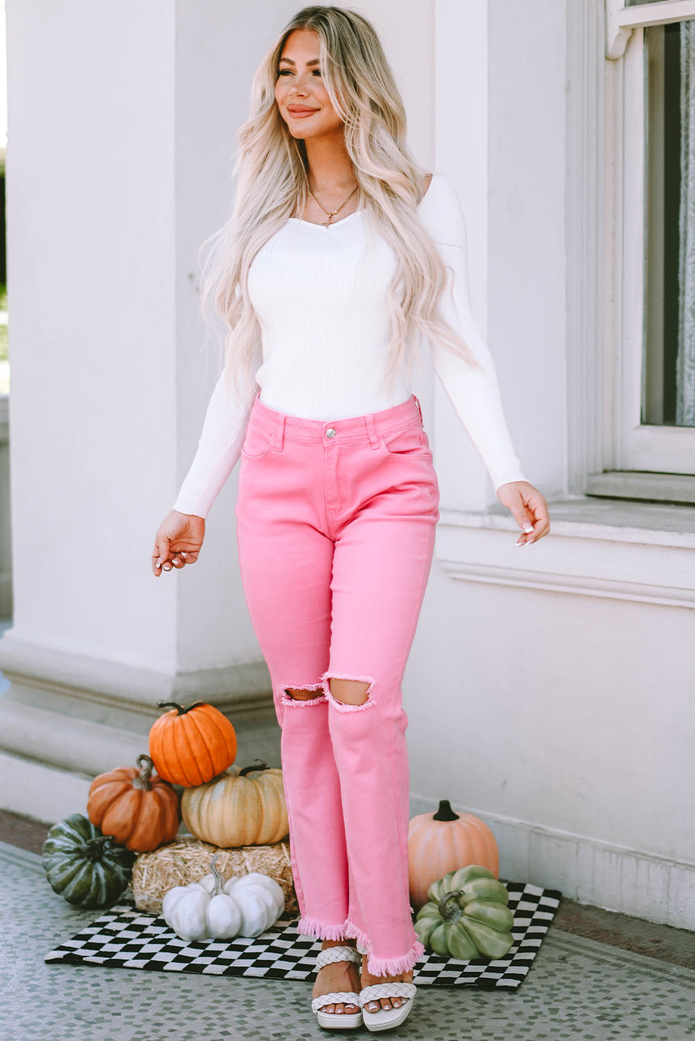 Pink Vintage High Waist Flare Leg Ripped Raw Hem Jeans - Premium Bottoms/Jeans from Ashes 2 Wildflowers Boutique, LLC- Just $35.40! Shop now at Ashes 2 Wildflowers Boutique, LLC