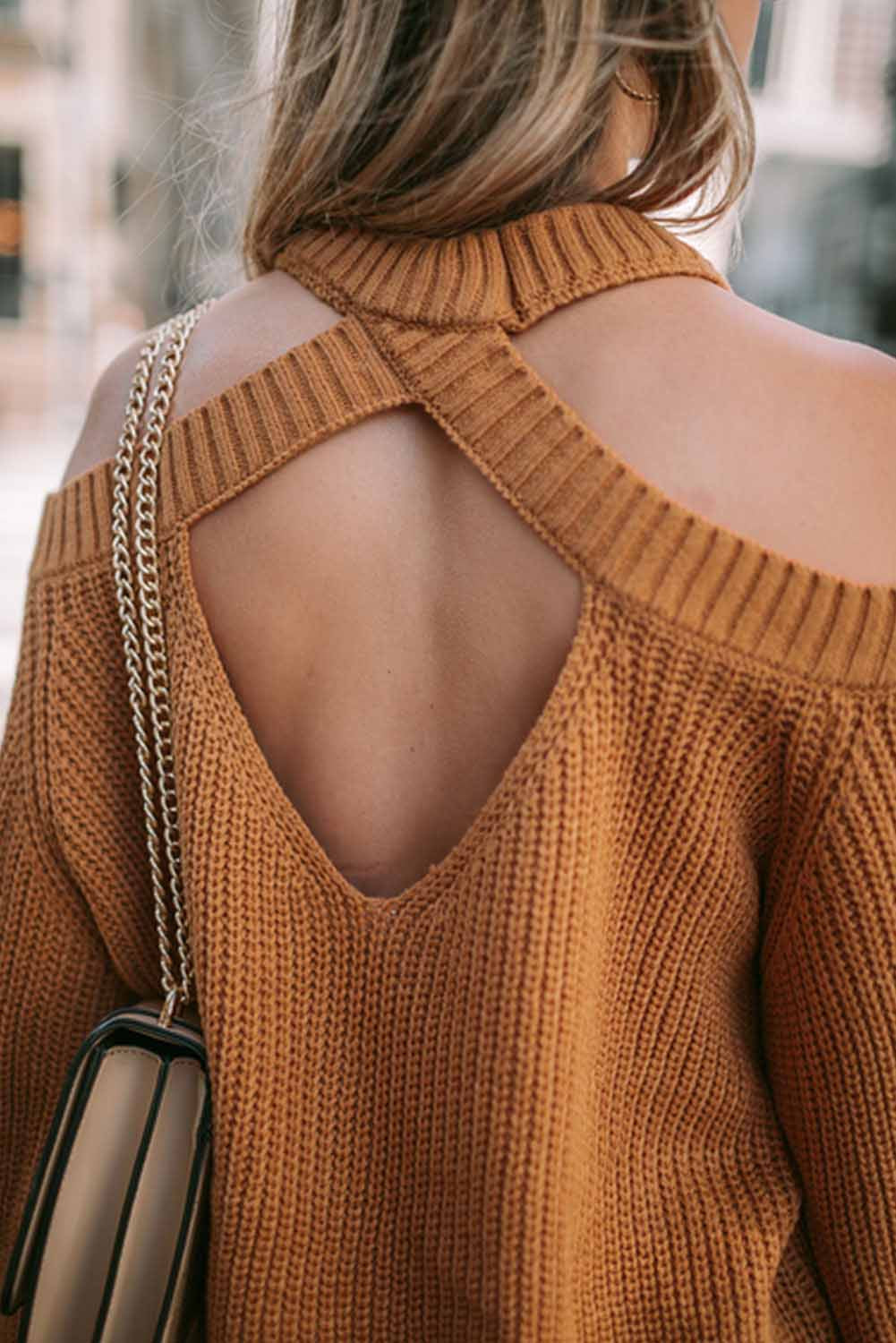 Brown Crew Neck Cold Shoulder Hollow-out Back Sweater - Premium Tops from Momma Done Gone Crafty- Just $58.80! Shop now at Momma Done Gone Crafty
