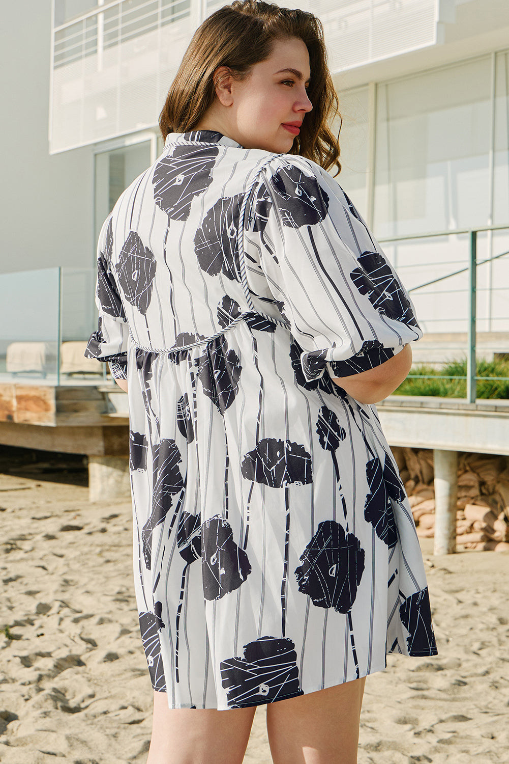Black Plus Size Floral 3/4 Puff Sleeve Lace-up Neck Mini Dress - Premium Plus Size/Plus Size Dresses/Plus Size Mini Dresses from Momma Done Gone Crafty- Just $39.15! Shop now at Momma Done Gone Crafty