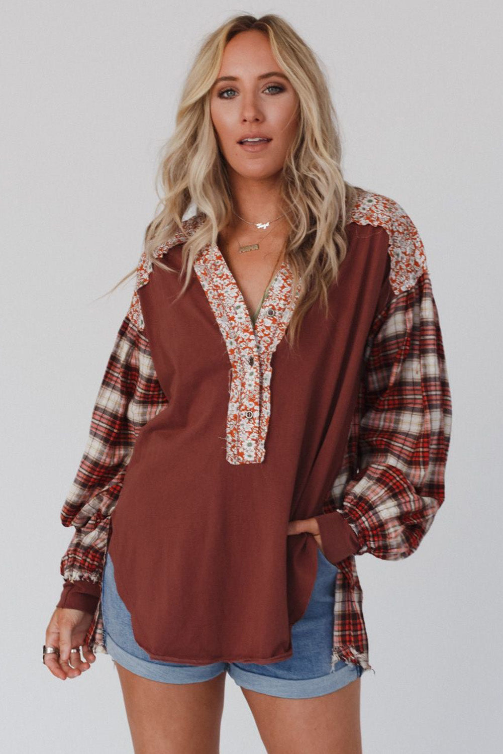 Red Floral Plaid Mixed Print Bishop Sleeve Patchwork Top - Premium Tops from Momma Done Gone Crafty- Just $61.11! Shop now at Momma Done Gone Crafty