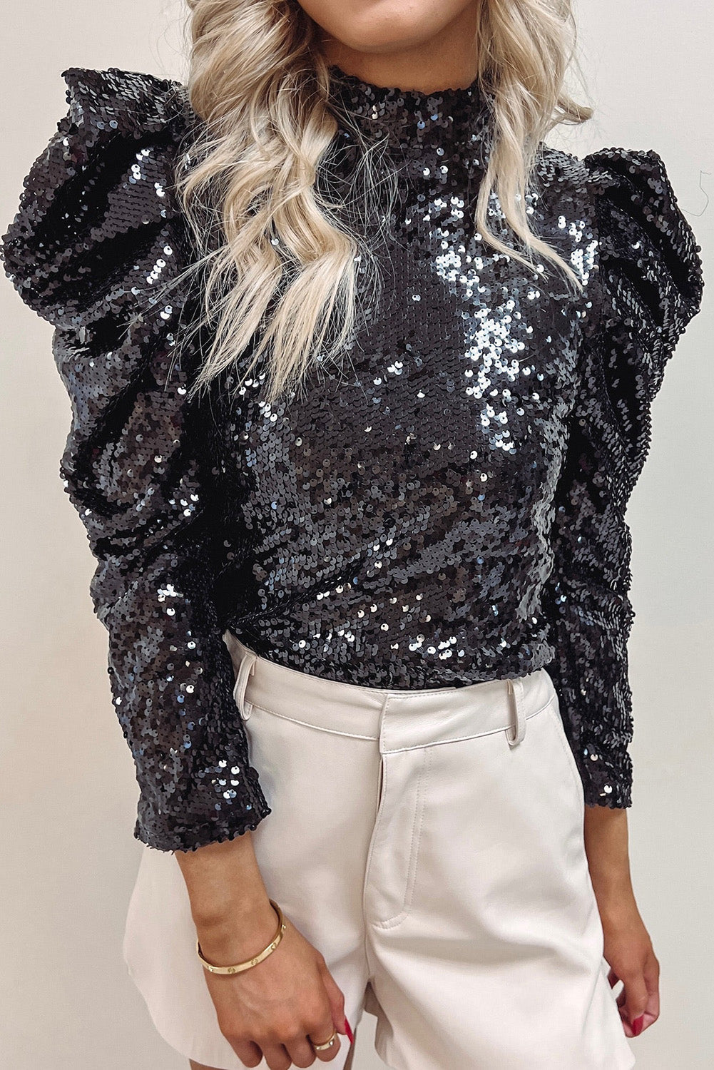 Black Sequin Mock Neck Bubble Sleeve Top - Premium Tops from Momma Done Gone Crafty- Just $45.99! Shop now at Momma Done Gone Crafty