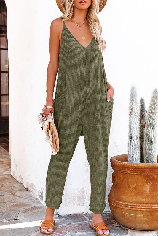 Green Textured Sleeveless V-Neck Pocketed Casual Jumpsuit - Premium Bottoms/Jumpsuits & Rompers from Momma Done Gone Crafty- Just $22.20! Shop now at Momma Done Gone Crafty