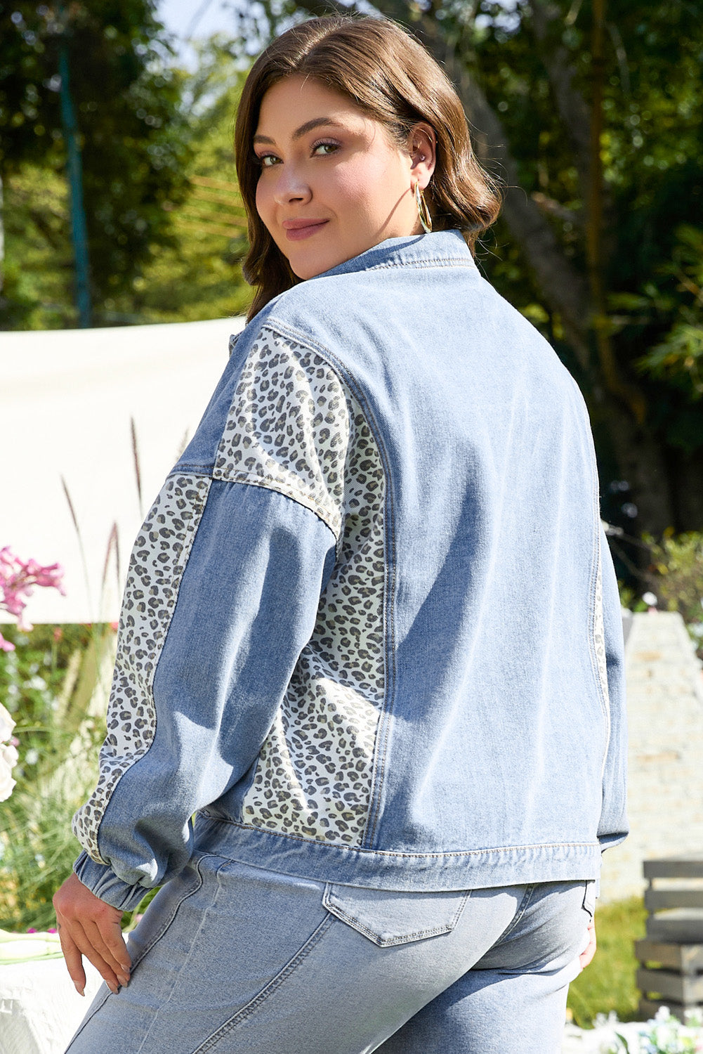Beau Blue Leopard Patchwork Flap Detail Plus Size Denim Jacket - Premium Plus Size/Plus Size Outerwear from Momma Done Gone Crafty- Just $46.80! Shop now at Momma Done Gone Crafty