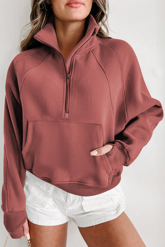Brown Zip Up Stand Collar Ribbed Thumbhole Sleeve Sweatshirt - Premium Tops from Momma Done Gone Crafty- Just $45.99! Shop now at Momma Done Gone Crafty