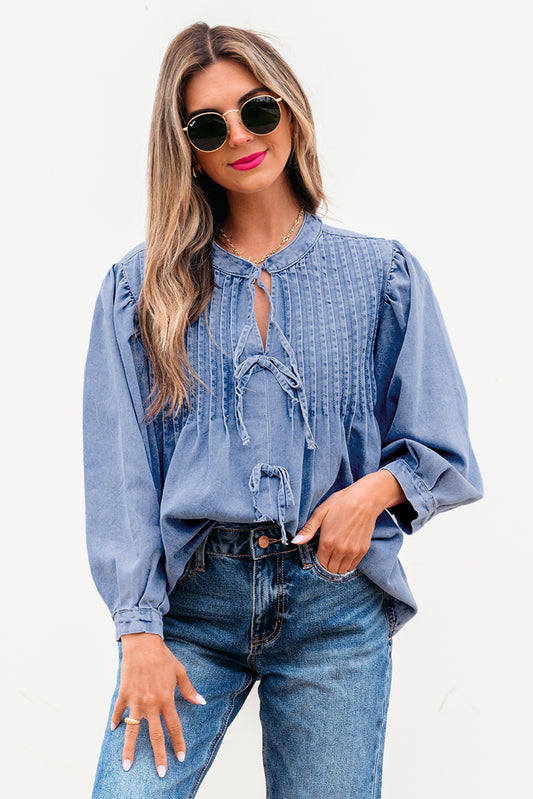 Myosotis Denim Front Pintuck Bow Tie Puff Sleeve Top - Premium Tops/Blouses & Shirts from Ashes 2 Wildflowers Boutique, LLC- Just $28.90! Shop now at Ashes 2 Wildflowers Boutique, LLC