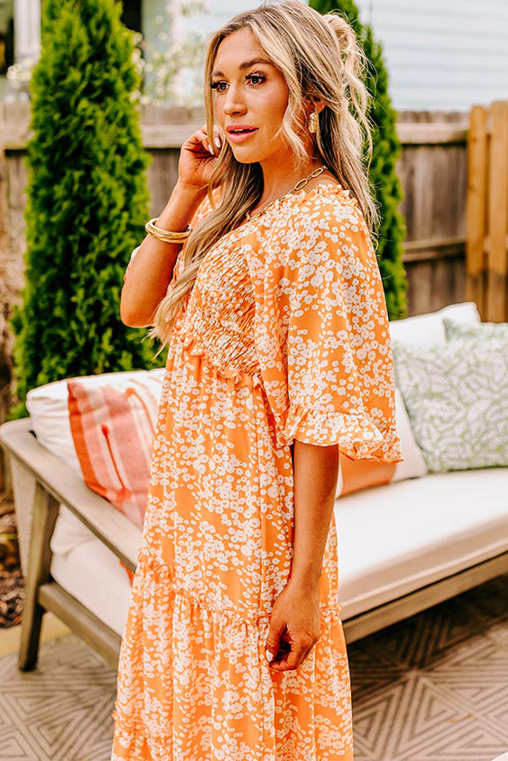 Orange Floral Print Smocked V Neck Wide Sleeve Maxi Dress - Premium Dresses/Floral Dresses from Momma Done Gone Crafty- Just $55.99! Shop now at Momma Done Gone Crafty