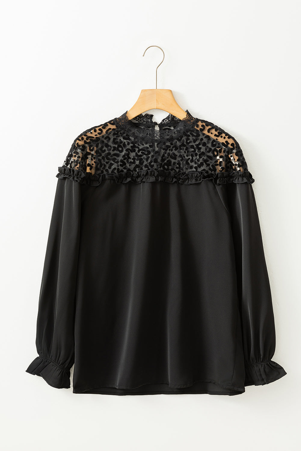 Black Leopard Mesh Splicing Ruffle Long Sleeve Blouse - Premium Tops from Momma Done Gone Crafty- Just $25.99! Shop now at Momma Done Gone Crafty