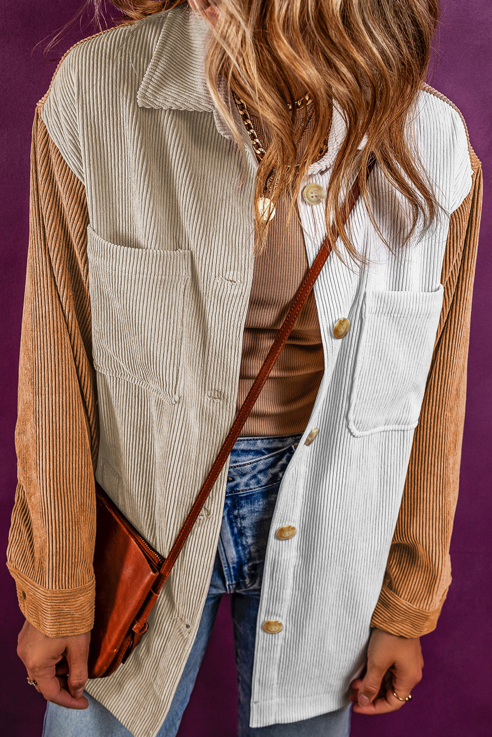 Multicolour Corduroy Colorblock Loose Shacket - Premium Outerwear from Momma Done Gone Crafty- Just $50.82! Shop now at Momma Done Gone Crafty