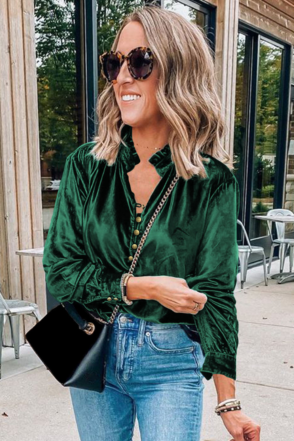 Blackish Green Frilled Neck Buttoned Front Velvet Top - Premium Tops from Momma Done Gone Crafty- Just $40.11! Shop now at Momma Done Gone Crafty