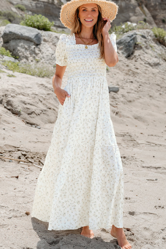 White Frilly Shirred Bodice Tiered Floral Maxi Dress - Premium Dresses/Maxi Dresses from Ashes 2 Wildflowers Boutique, LLC- Just $43.75! Shop now at Ashes 2 Wildflowers Boutique, LLC
