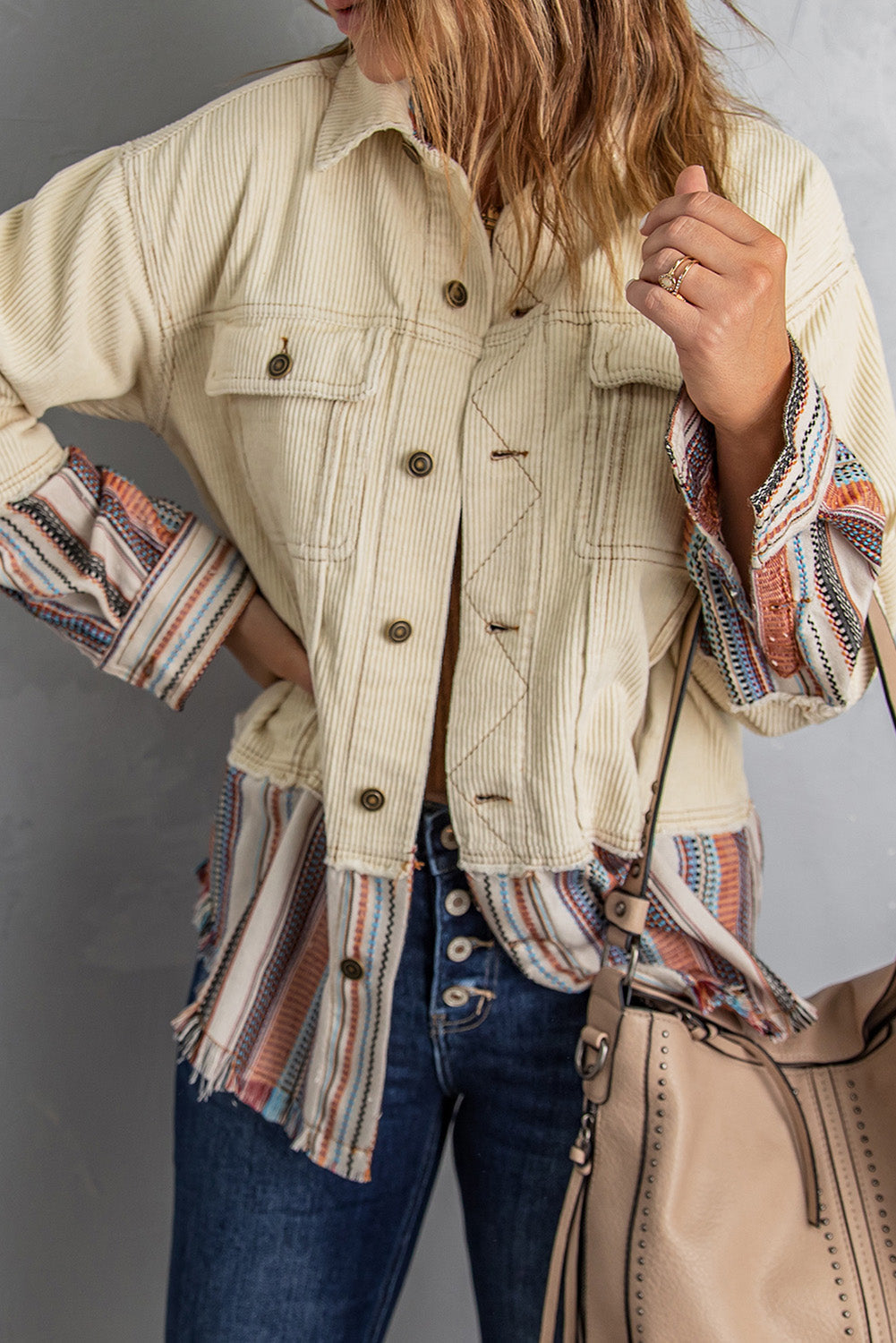 Button Up Pockets Striped Color Block Corduroy Jacket - Premium Outerwear from Momma Done Gone Crafty- Just $56.94! Shop now at Momma Done Gone Crafty