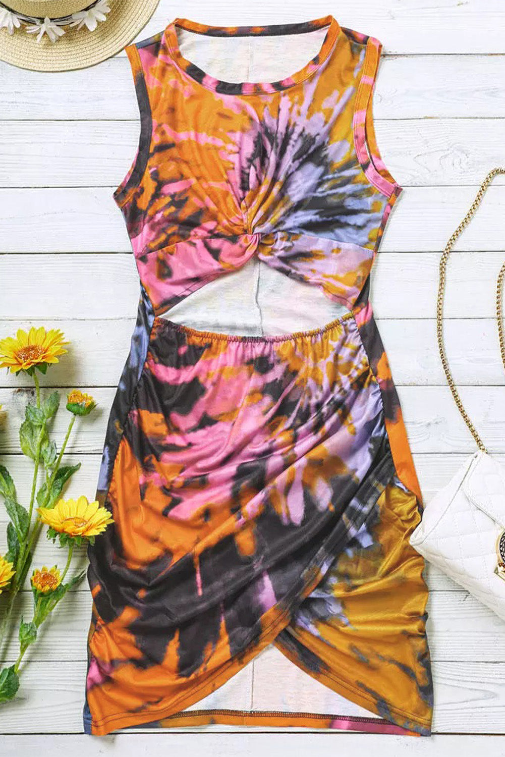 Multicolor Tie-dye Print Hollow Out Twist Bodycon Mini Dress - Premium Dresses/Mini Dresses from Momma Done Gone Crafty- Just $19.20! Shop now at Momma Done Gone Crafty