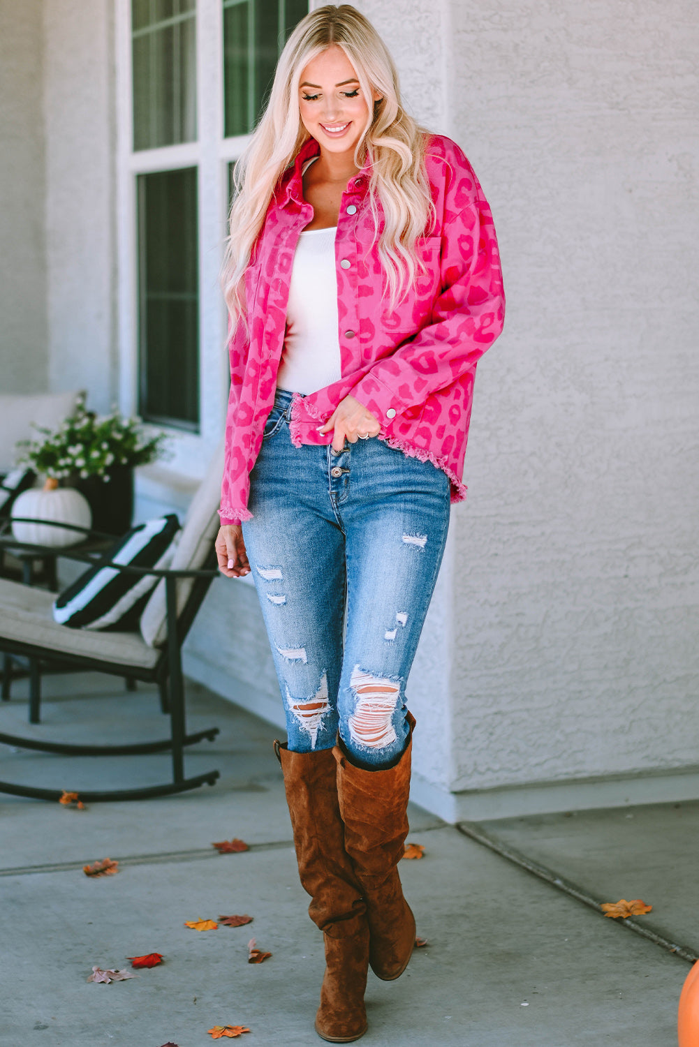 Pink Leopard Print Button Cuffs Raw Hem Jacket - Premium Outerwear from Momma Done Gone Crafty- Just $55.80! Shop now at Momma Done Gone Crafty