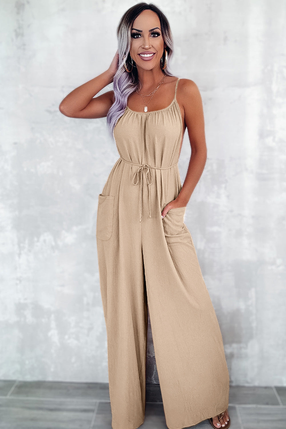 Apricot Spaghetti Straps Waist Tie Wide Leg Jumpsuit with Pockets - Premium Bottoms/Jumpsuits & Rompers from Momma Done Gone Crafty- Just $17.58! Shop now at Momma Done Gone Crafty