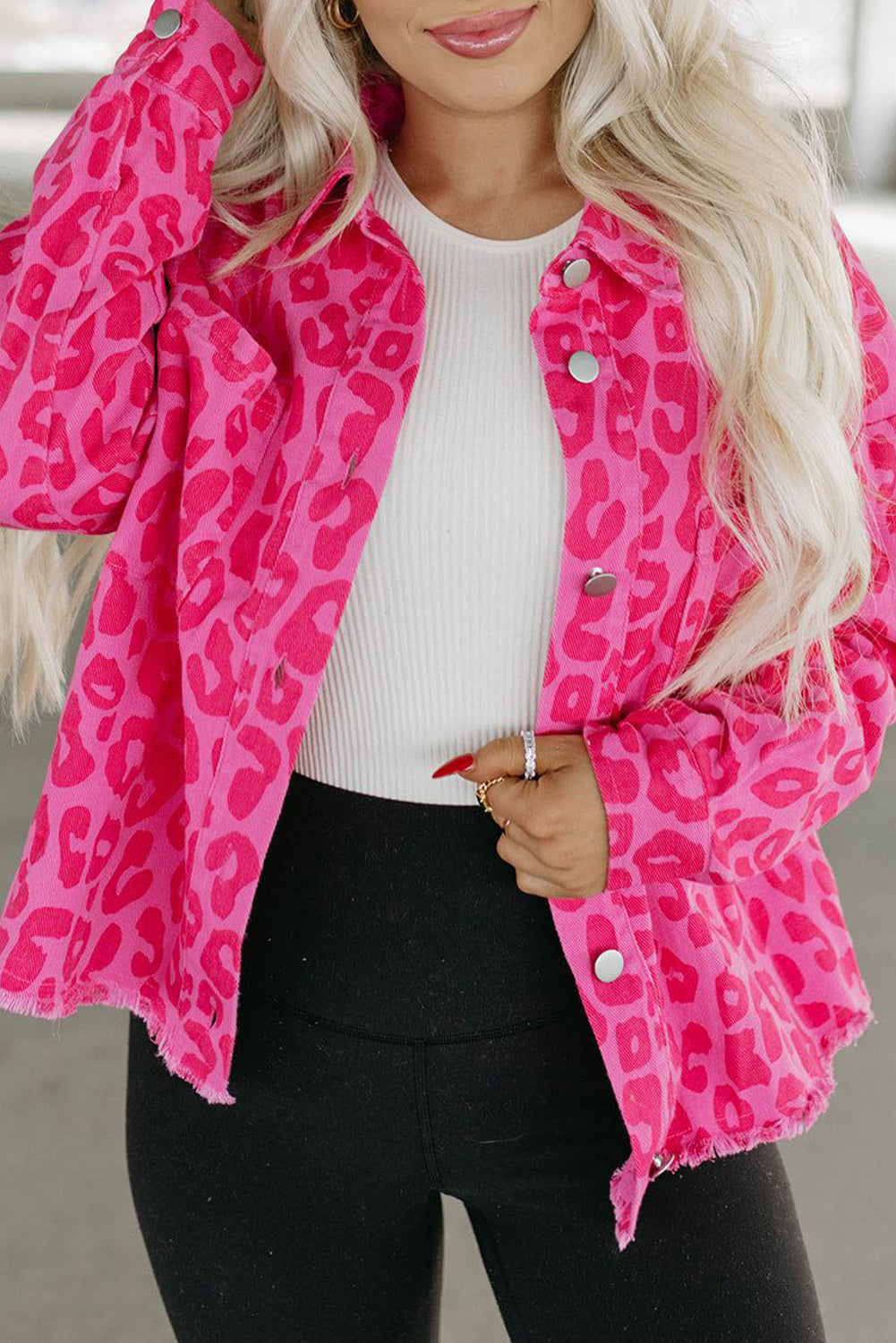 Pink Leopard Print Button Cuffs Raw Hem Jacket - Premium Outerwear from Momma Done Gone Crafty- Just $55.80! Shop now at Momma Done Gone Crafty
