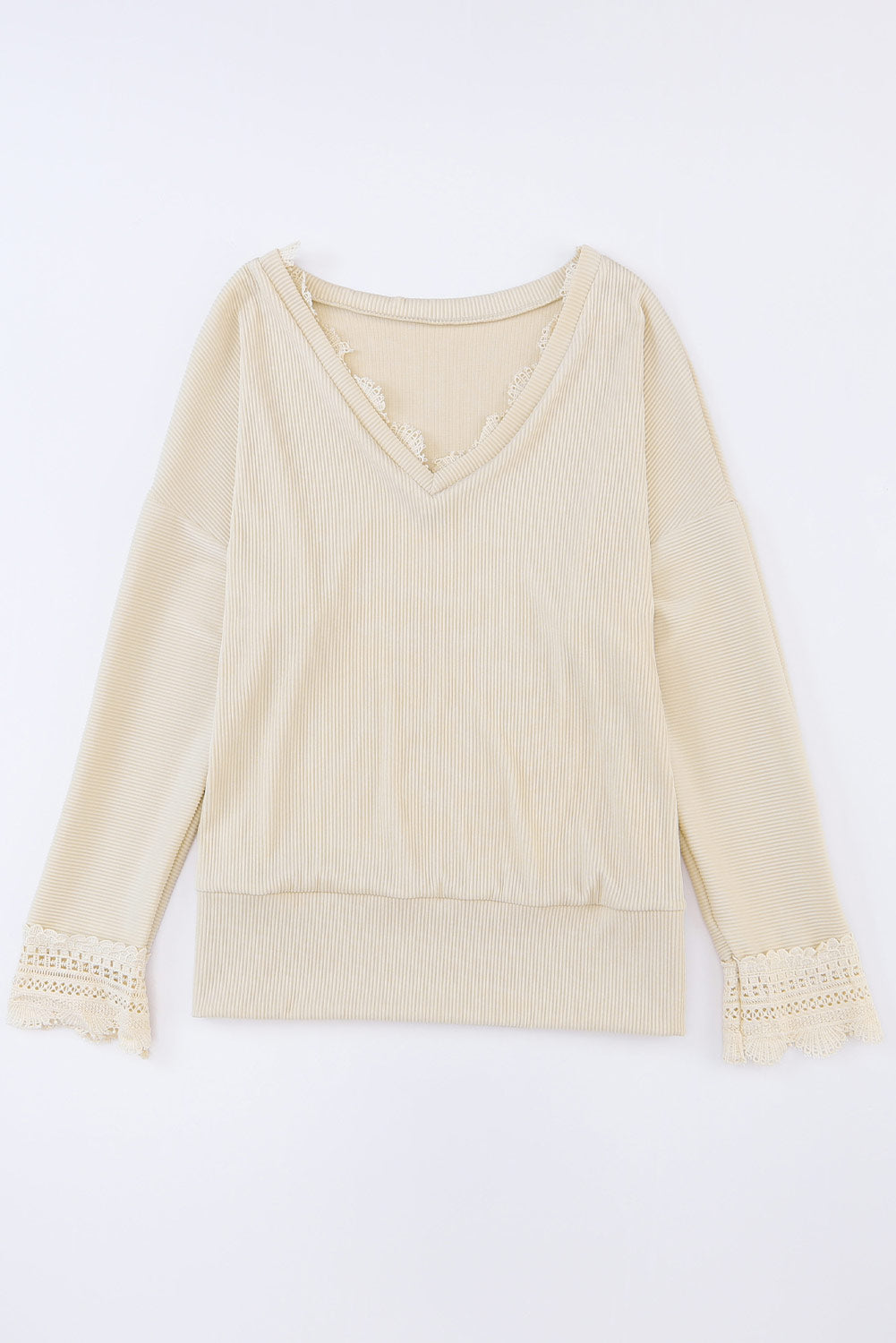 Apricot Ribbed Texture Lace Trim V Neck Long Sleeve Top - Premium Tops from Momma Done Gone Crafty- Just $30.60! Shop now at Momma Done Gone Crafty
