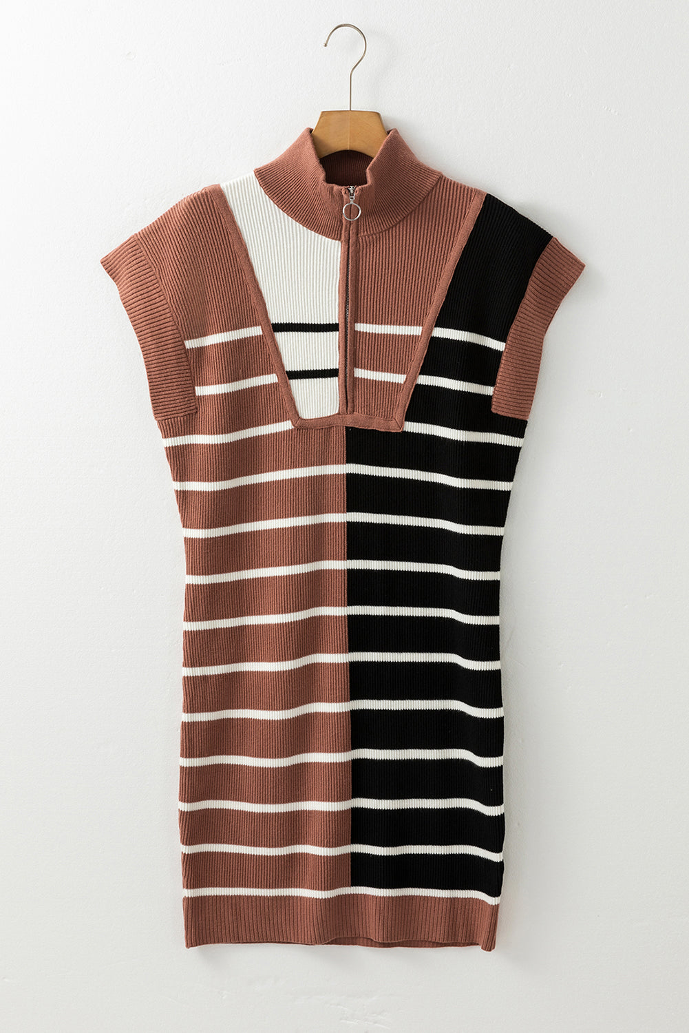 Black Stripe Color Block Quarter Zip Collar Short Sleeve Sweater Dress - Premium Sweaters & Cardigans/Sweater Dresses from Ashes 2 Wildflowers Boutique, LLC- Just $37.48! Shop now at Ashes 2 Wildflowers Boutique, LLC