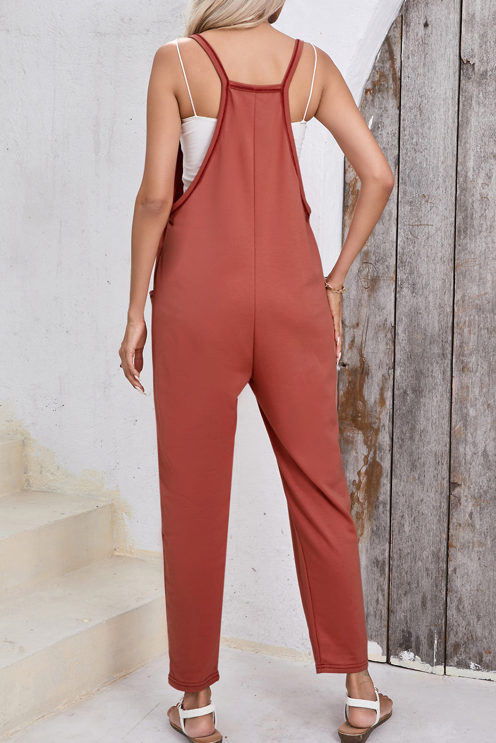 Gold Flame Side Pockets Harem Pants Sleeveless V Neck Jumpsuit - Premium Bottoms/Jumpsuits & Rompers from Ashes 2 Wildflowers Boutique, LLC- Just $29.71! Shop now at Ashes 2 Wildflowers Boutique, LLC