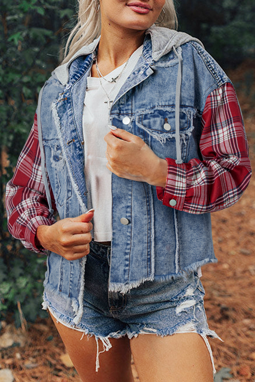 Beau Blue Plaid Print Patchwork Hooded Raw Hem Denim Jacket - Premium Outerwear/Denim jackets from Ashes 2 Wildflowers Boutique, LLC- Just $34.30! Shop now at Ashes 2 Wildflowers Boutique, LLC