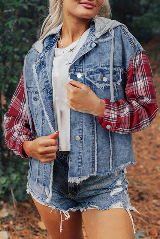 Beau Blue Plaid Print Patchwork Hooded Raw Hem Denim Jacket - Premium Outerwear/Denim jackets from Ashes 2 Wildflowers Boutique, LLC- Just $34.30! Shop now at Ashes 2 Wildflowers Boutique, LLC