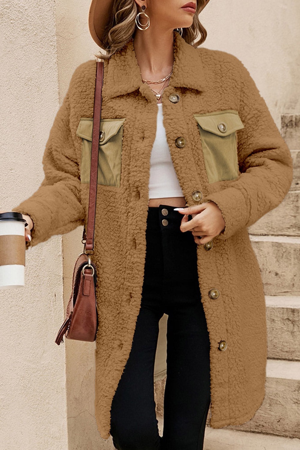 Khaki Contrast Flap Pocket Single Breasted Teddy Coat - Premium Outerwear/Coats from Momma Done Gone Crafty- Just $45.99! Shop now at Momma Done Gone Crafty