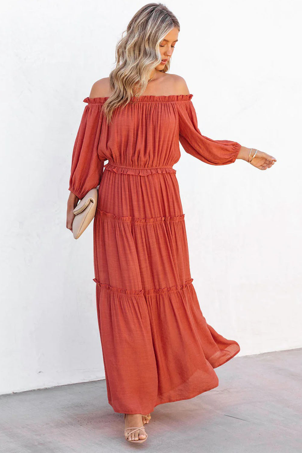 Orange Off Shoulder Balloon Sleeve Cutout Ruffled Maxi Dress - Premium Dresses from Momma Done Gone Crafty- Just $54.99! Shop now at Momma Done Gone Crafty