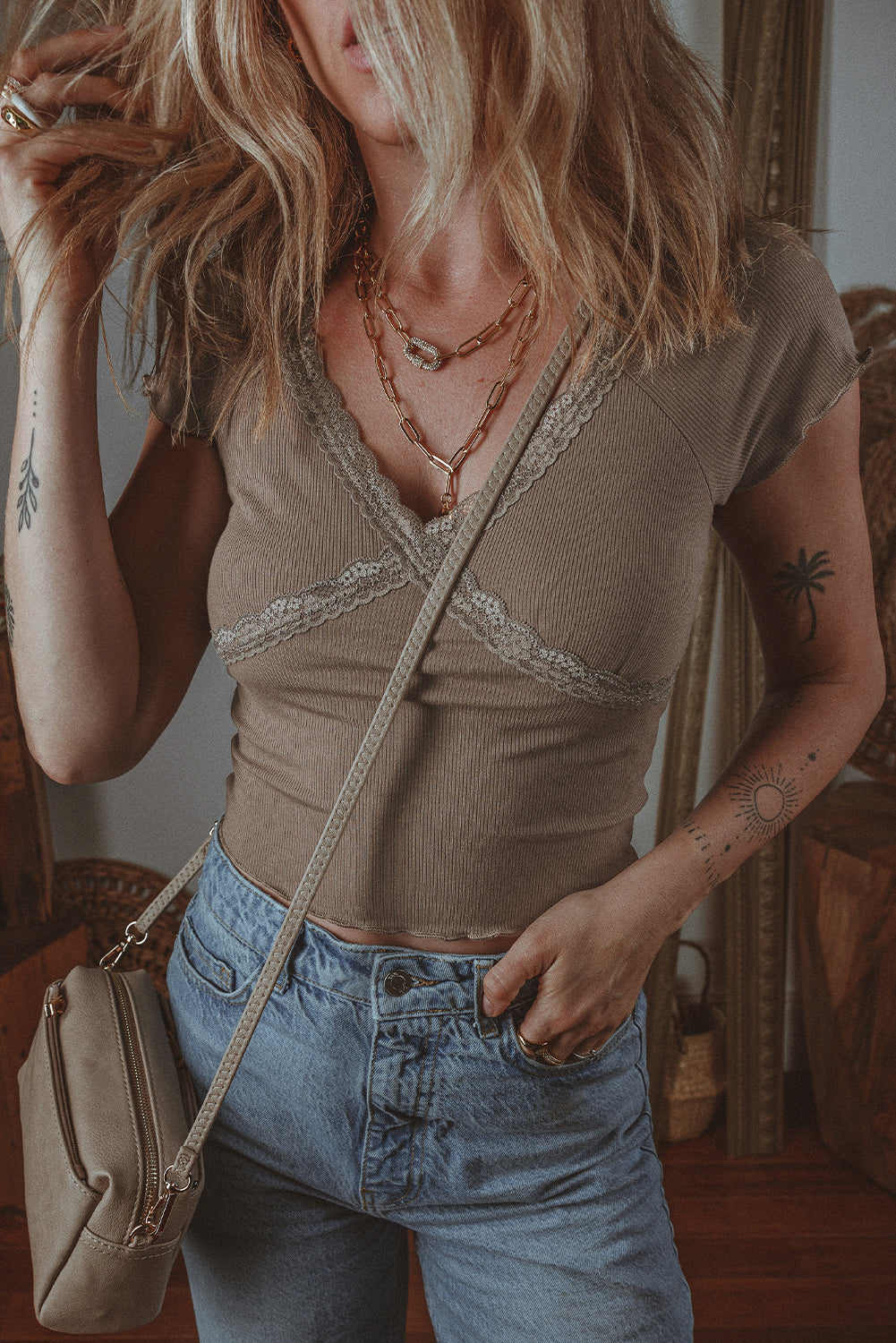 Dark Brown Lace Splicing Criss Cross Slim Fit V Neck T Shirt - Premium Tops/Tops & Tees from Ashes 2 Wildflowers Boutique, LLC- Just $25.48! Shop now at Ashes 2 Wildflowers Boutique, LLC