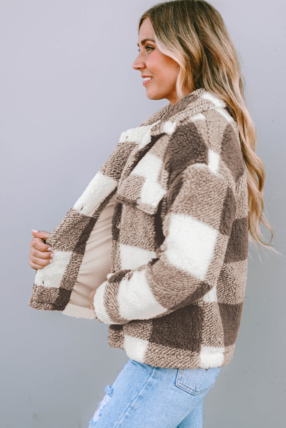 Khaki Plaid Sherpa Buttoned Flap Pocket Shacket - Premium Outerwear from Momma Done Gone Crafty- Just $48.99! Shop now at Momma Done Gone Crafty