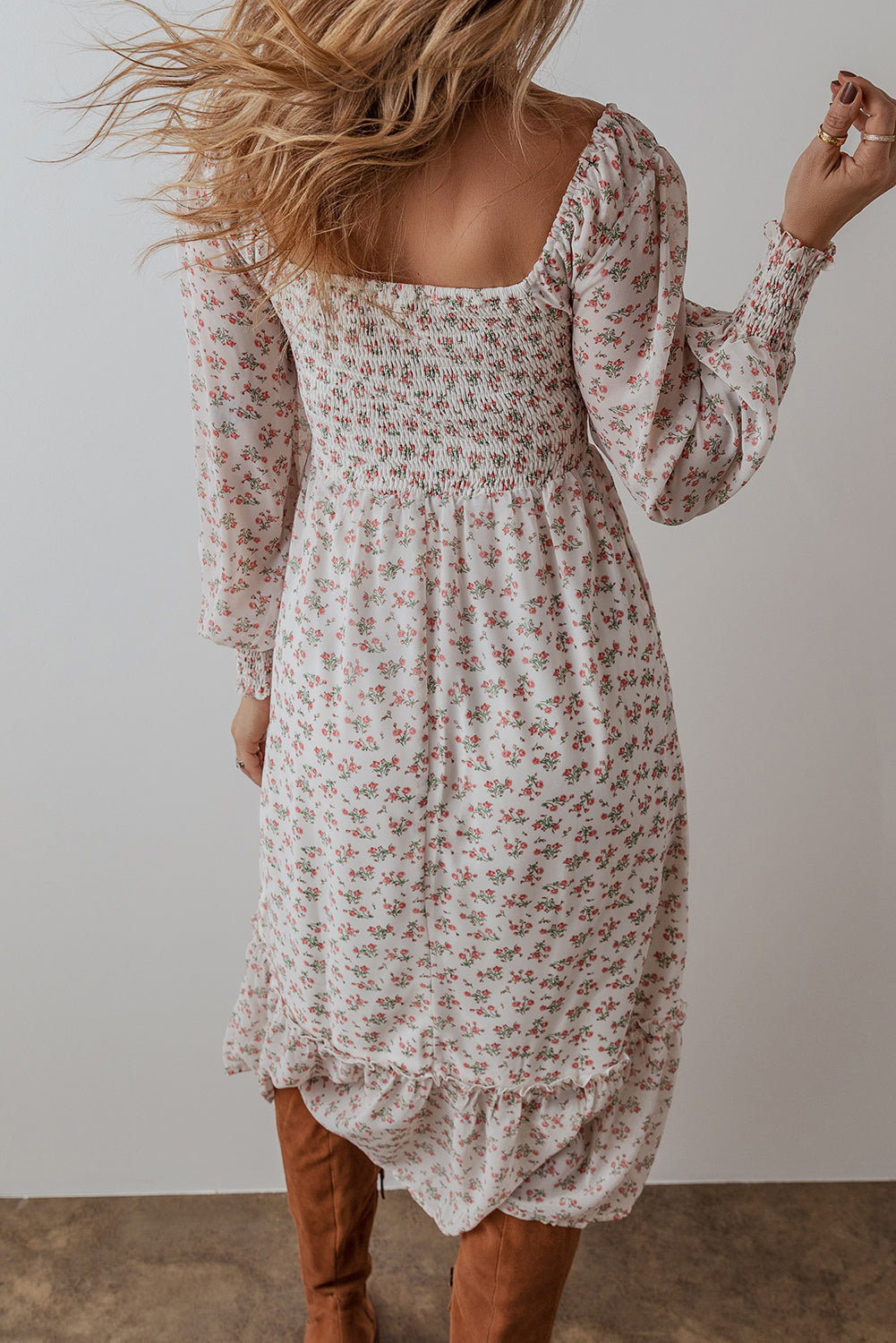 White Floral Print Shirred Ruffled Hem Square Neck Midi Dress - Premium Dresses/Floral Dresses from Ashes 2 Wildflowers Boutique, LLC- Just $38.53! Shop now at Ashes 2 Wildflowers Boutique, LLC