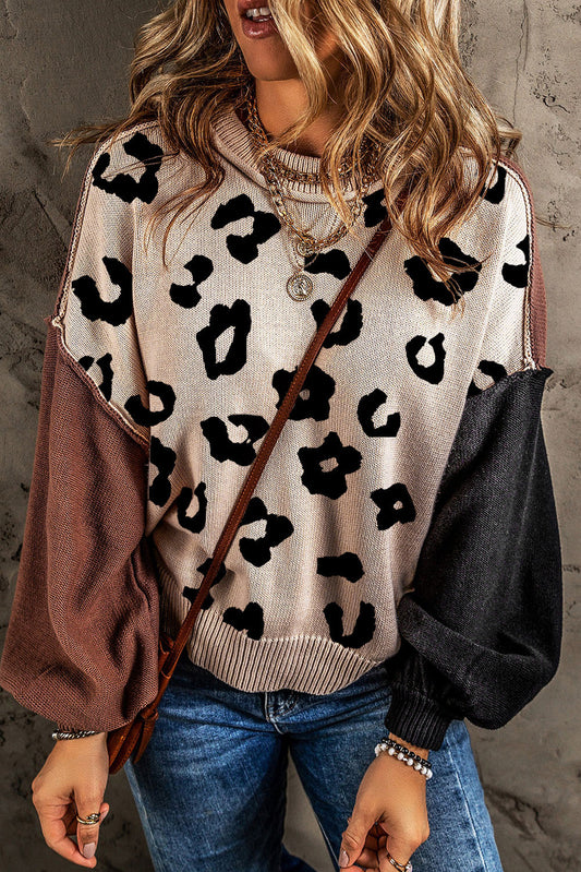 Coffee Leopard Print Colorblock Pullover Sweater - Premium Tops from Momma Done Gone Crafty- Just $48.99! Shop now at Momma Done Gone Crafty