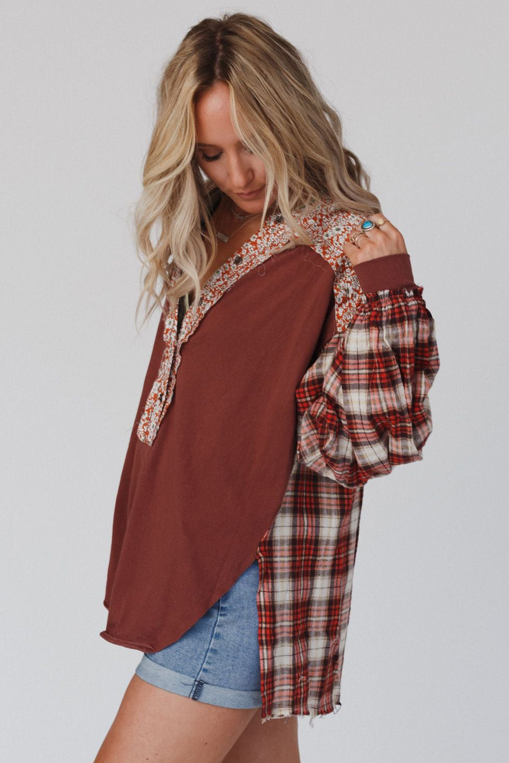 Red Floral Plaid Mixed Print Bishop Sleeve Patchwork Top - Premium Tops from Momma Done Gone Crafty- Just $61.11! Shop now at Momma Done Gone Crafty