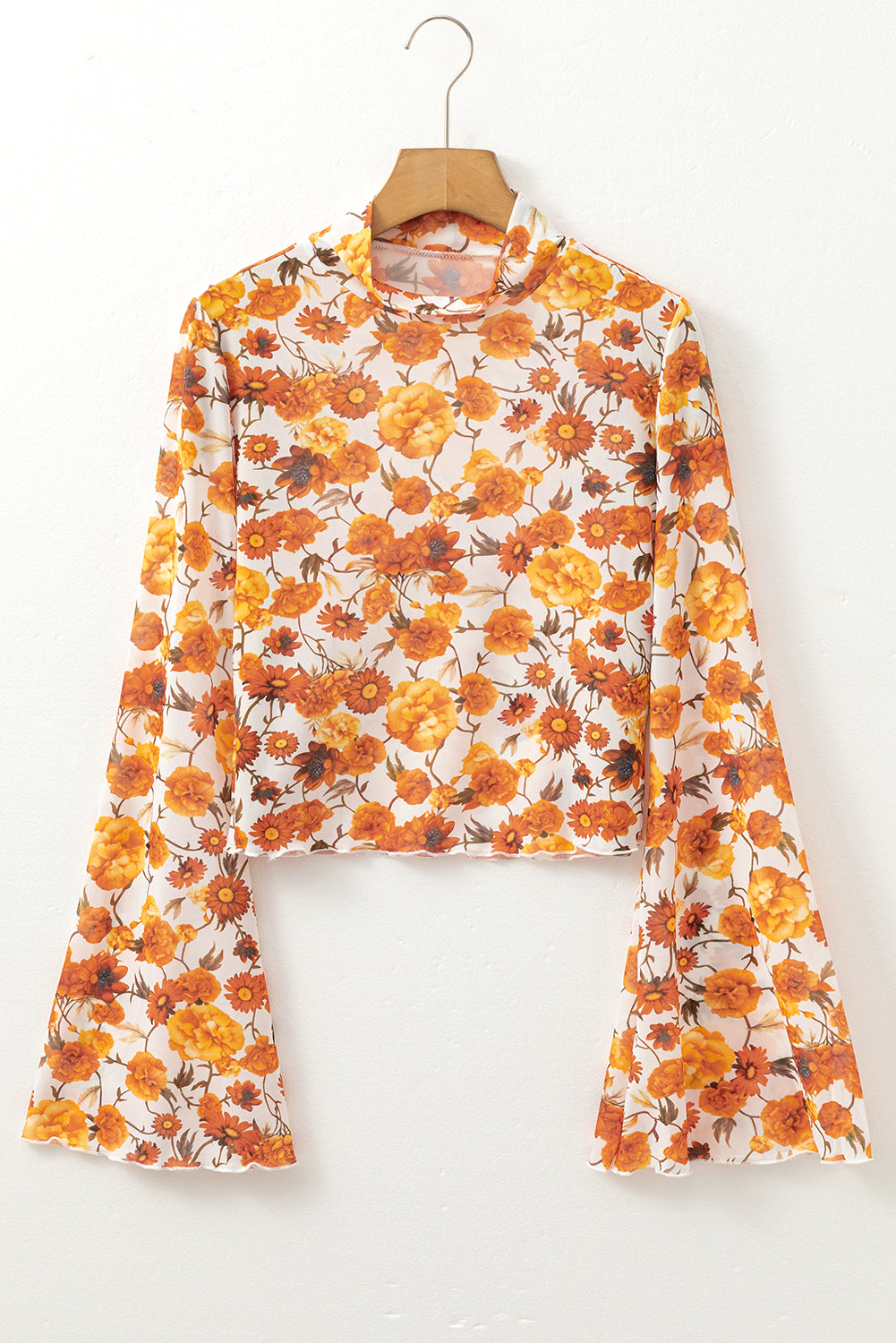 Orange Floral Printed Bell Sleeve Mock Neck Scallop Trim Blouse - Premium Tops/Blouses & Shirts from Ashes 2 Wildflowers Boutique, LLC- Just $24.80! Shop now at Ashes 2 Wildflowers Boutique, LLC
