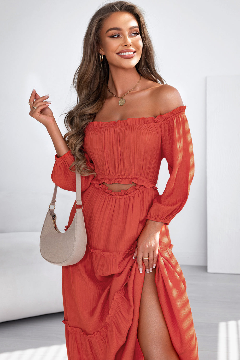 Orange Off Shoulder Balloon Sleeve Cutout Ruffled Maxi Dress - Premium Dresses from Momma Done Gone Crafty- Just $54.99! Shop now at Momma Done Gone Crafty