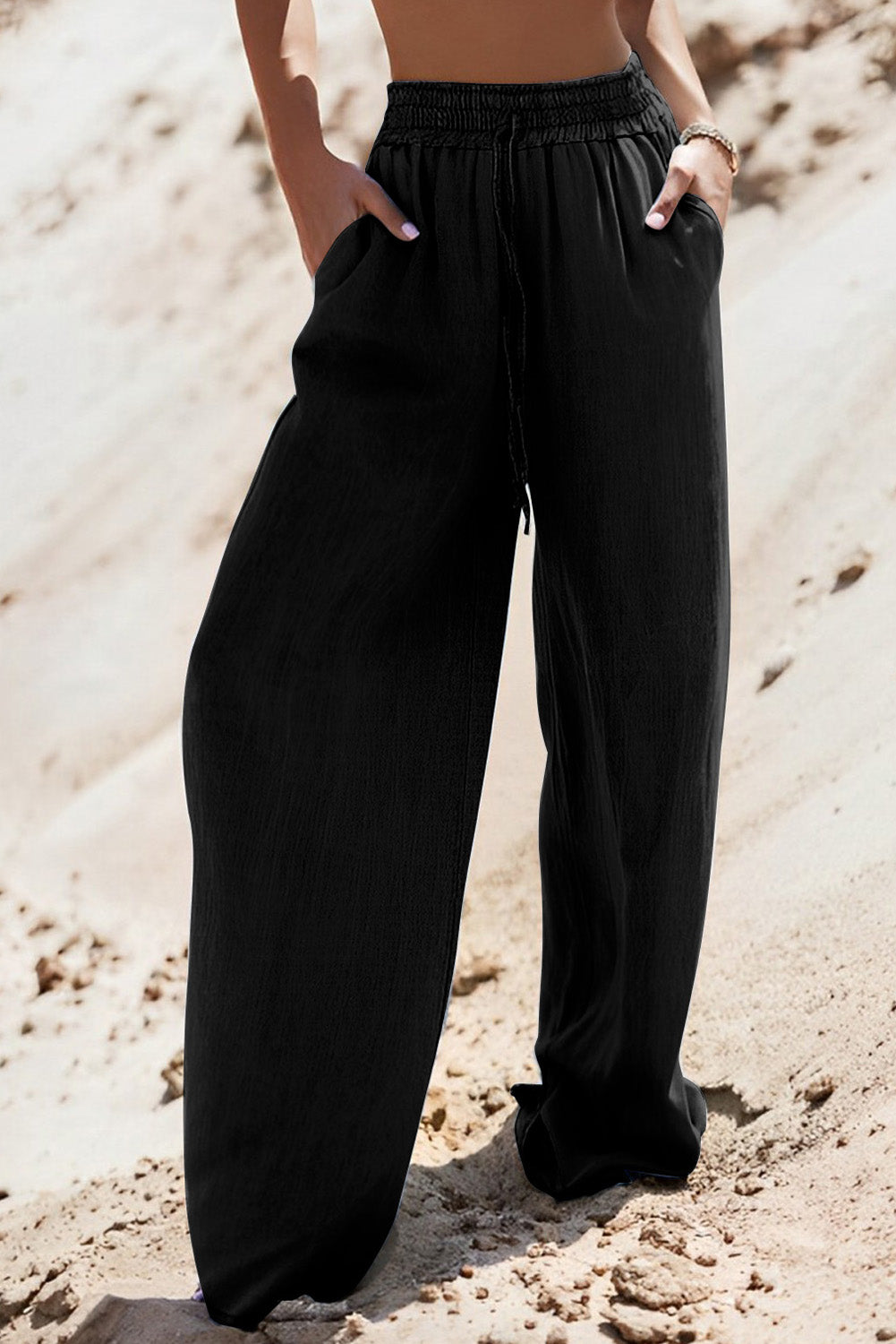Black Drawstring High Waist Wide Leg Denim Pants - Premium Bottoms/Pants & Culotte from Momma Done Gone Crafty- Just $30! Shop now at Momma Done Gone Crafty