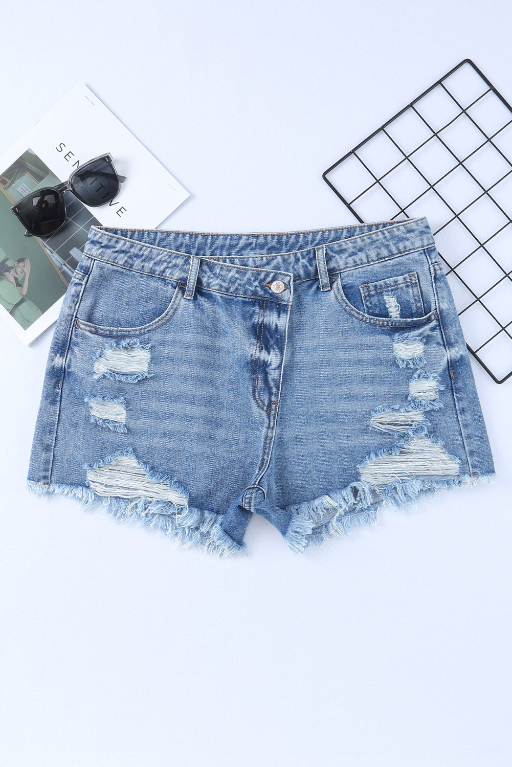Sky Blue High Rise Crossover Waist Denim Shorts - Premium Bottoms from Ashes 2 Wildflowers Boutique, LLC- Just $34.99! Shop now at Ashes 2 Wildflowers Boutique, LLC