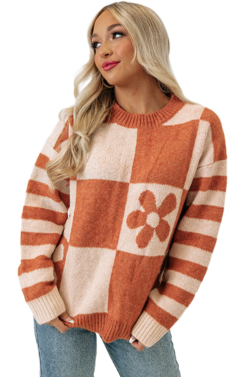Brown Checkered Floral Print Striped Sleeve Sweater - Premium Tops from Momma Done Gone Crafty- Just $31.50! Shop now at Momma Done Gone Crafty