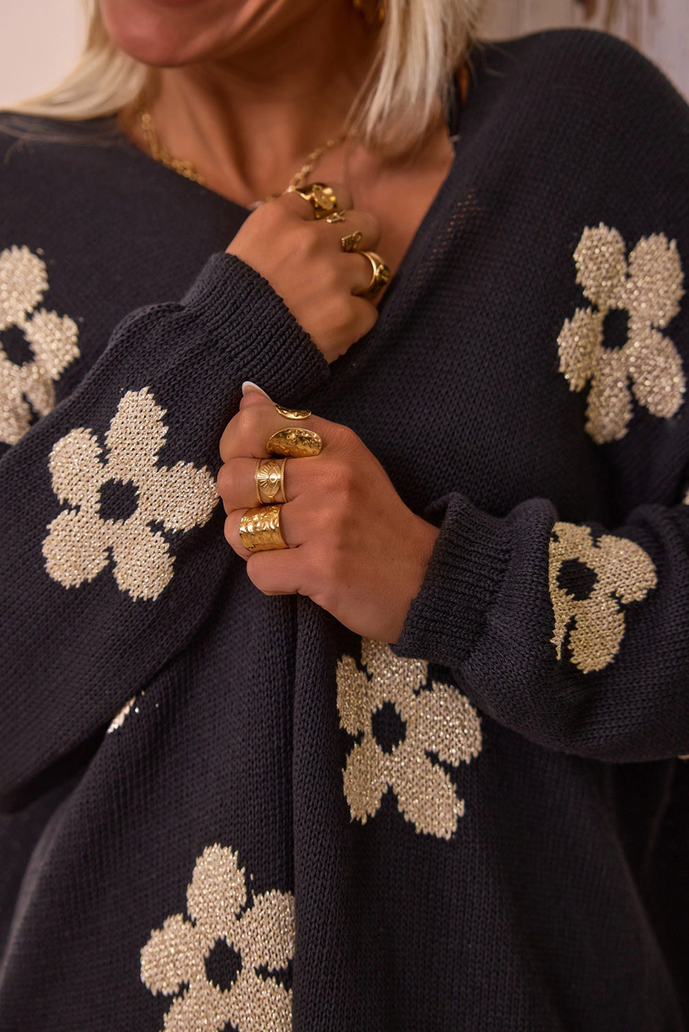 Black Floral Print Knitted Open Front Loose Cardigan - Premium Sweaters & Cardigans/Cardigans from Ashes 2 Wildflowers Boutique, LLC- Just $36.35! Shop now at Ashes 2 Wildflowers Boutique, LLC