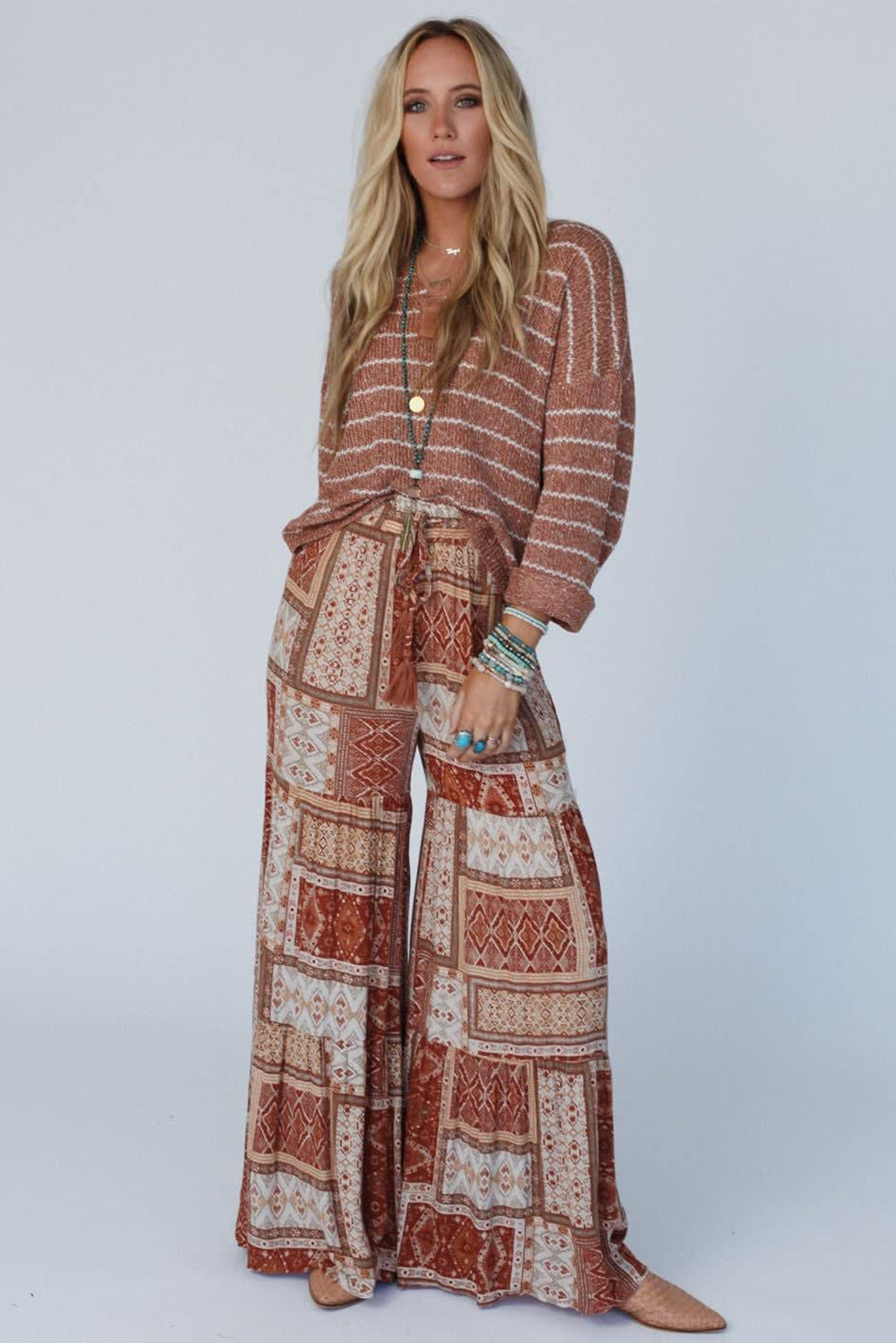 Brown Boho Aztec Print Tiered Palazzo Pants - Premium Bottoms/Pants & Culotte from Momma Done Gone Crafty- Just $26.55! Shop now at Momma Done Gone Crafty