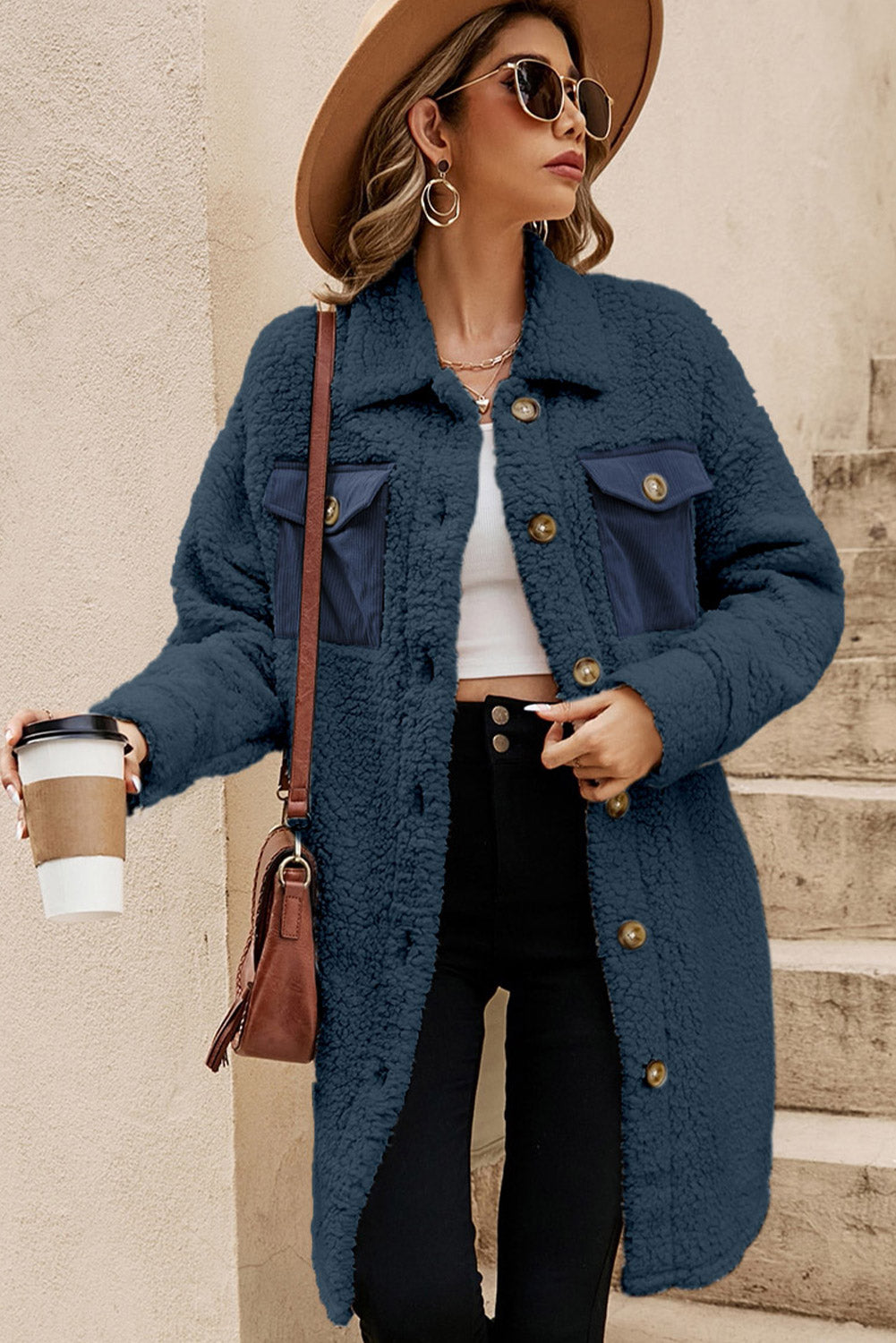 Blue Contrast Flap Pocket Single Breasted Teddy Coat - Premium Outerwear/Coats from Momma Done Gone Crafty- Just $45.99! Shop now at Momma Done Gone Crafty