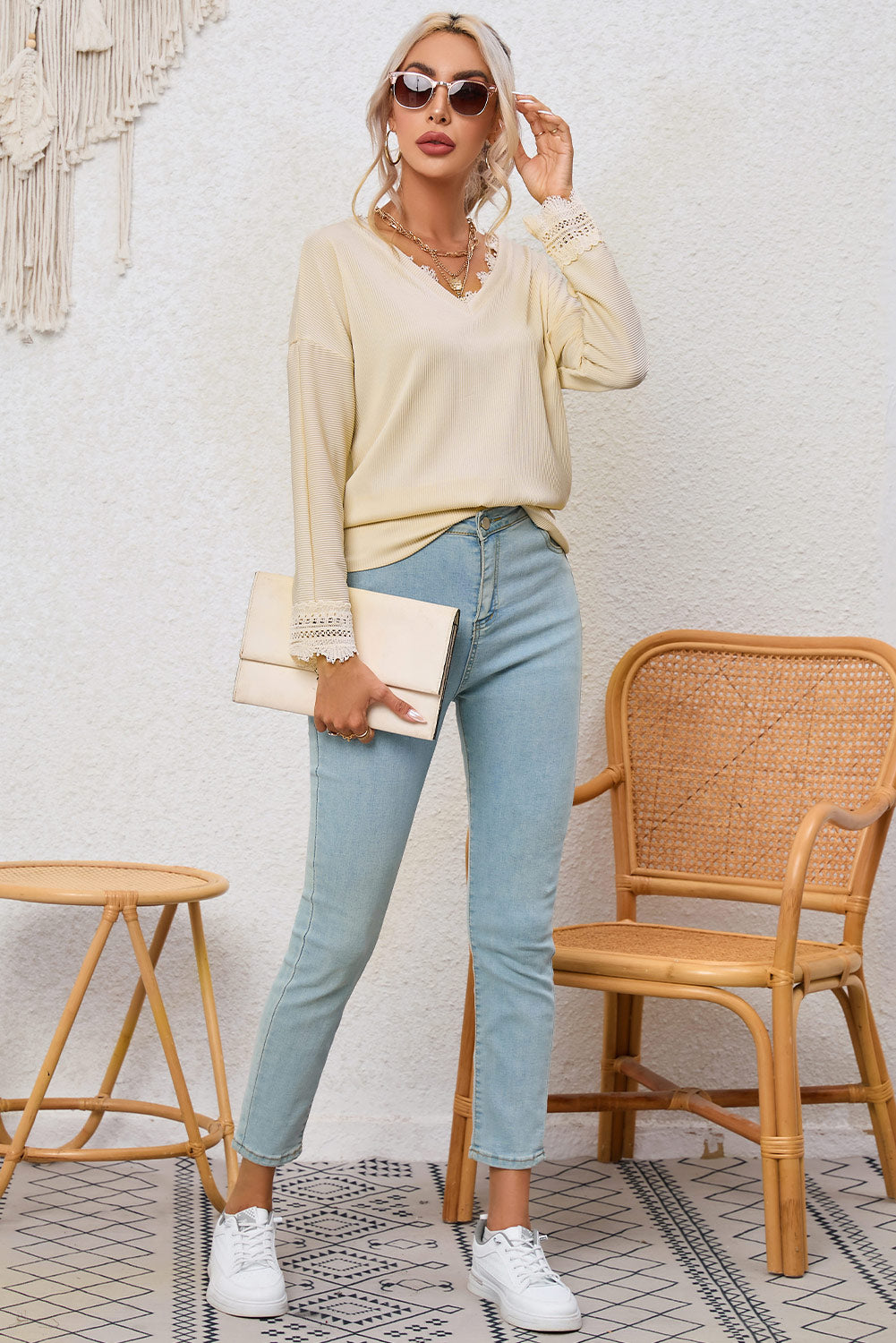 Apricot Ribbed Texture Lace Trim V Neck Long Sleeve Top - Premium Tops from Momma Done Gone Crafty- Just $30.60! Shop now at Momma Done Gone Crafty