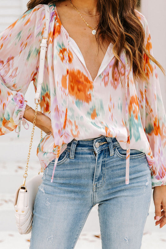 Multicolor Abstract Print Split Neck Puff Sleeve Blouse - Premium Tops from Momma Done Gone Crafty- Just $33.30! Shop now at Momma Done Gone Crafty