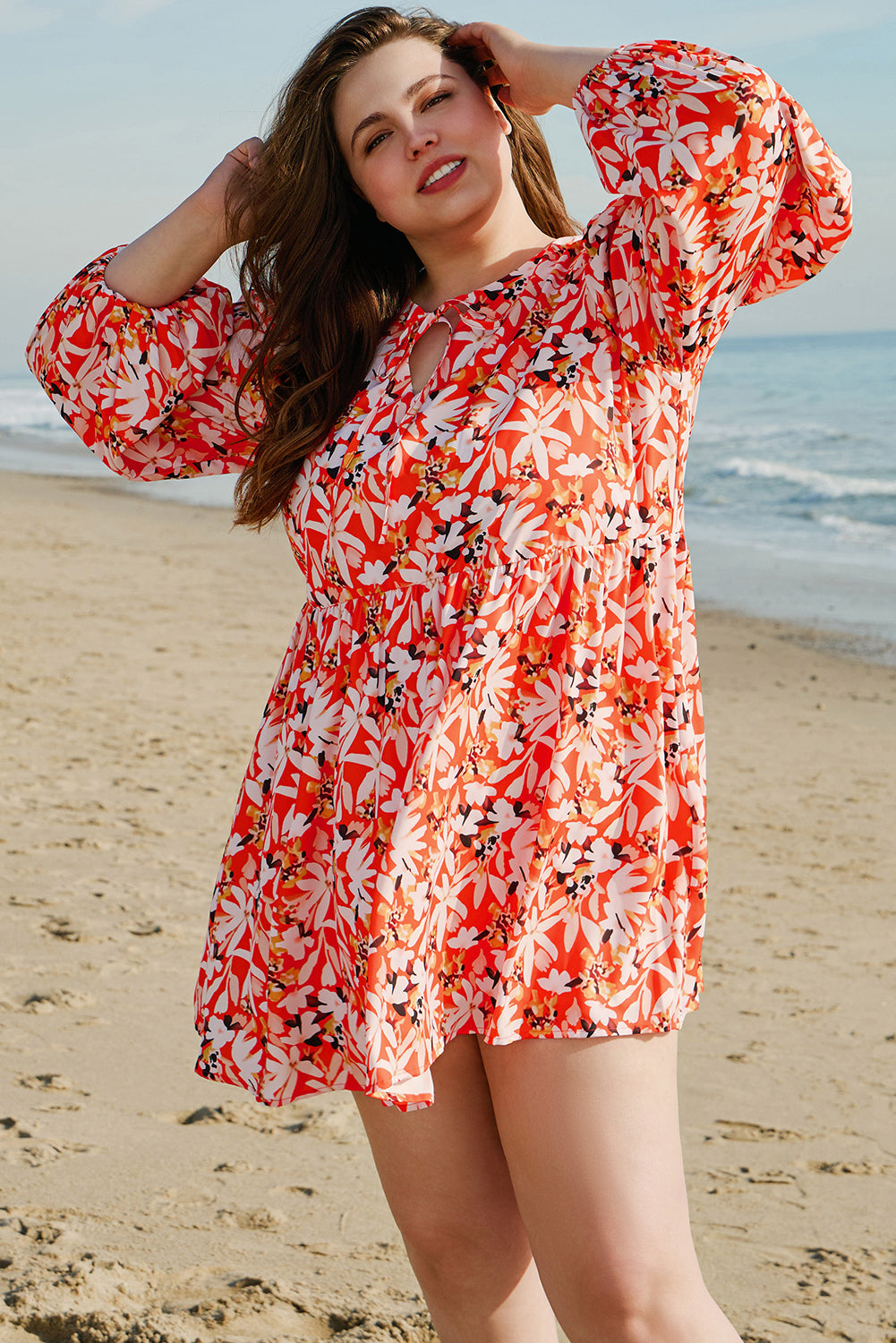 Orange Floral Print Split V Neck Bubble Sleeve Plus Size Midi Dress - Premium Plus Size/Plus Size Dresses/Plus Size Midi Dresses from Momma Done Gone Crafty- Just $38.70! Shop now at Momma Done Gone Crafty