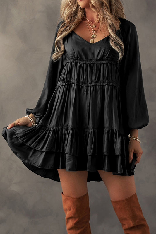 Black Tiered Ruffled Puff Sleeve Loose Fit Mini Dress - Premium Dresses/Mini Dresses from Momma Done Gone Crafty- Just $68! Shop now at Momma Done Gone Crafty