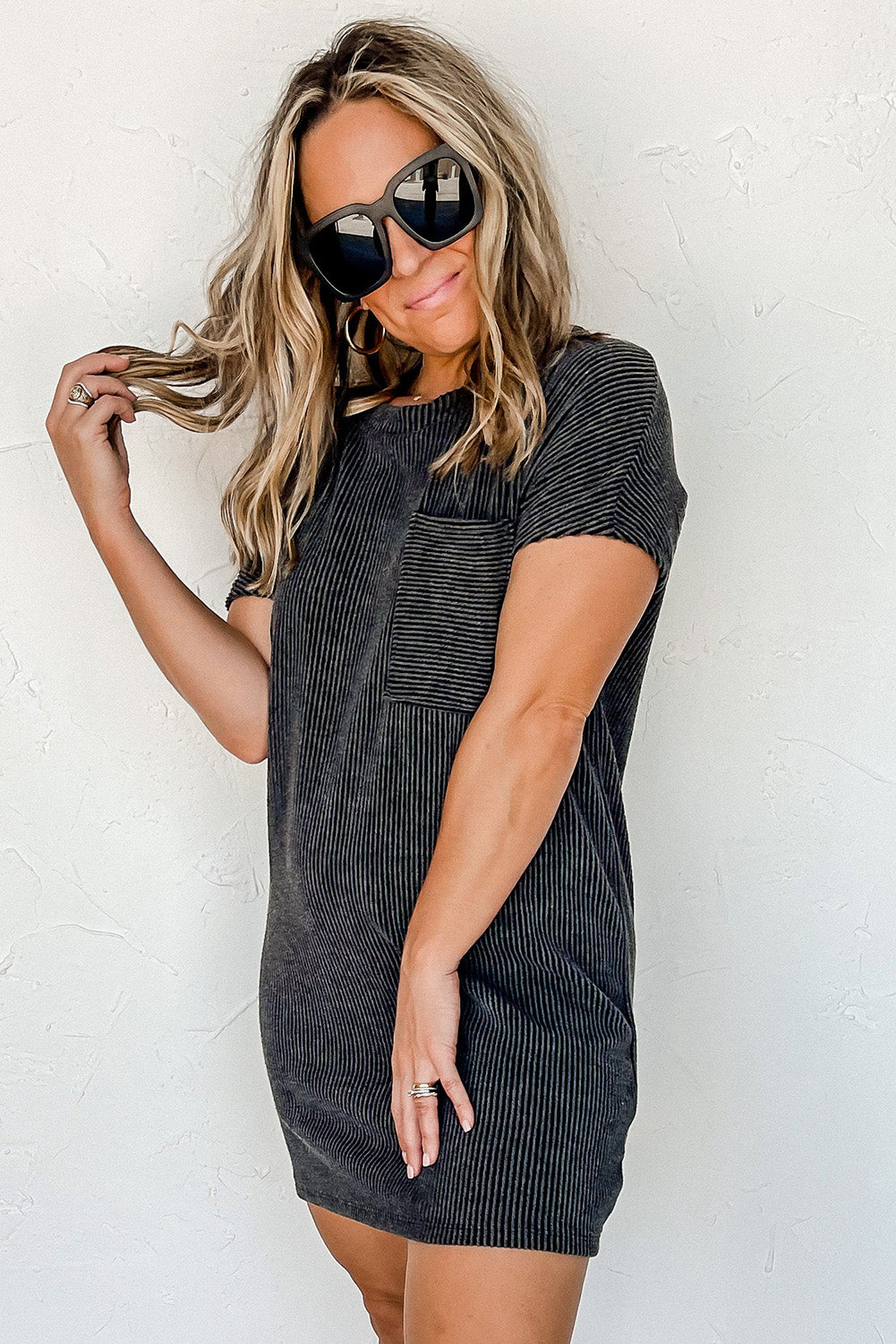 Gray Striped Ribbed Knit T-shirt Shift Dress - Premium Dresses/T Shirt Dresses from Ashes 2 Wildflowers Boutique, LLC- Just $30.65! Shop now at Ashes 2 Wildflowers Boutique, LLC