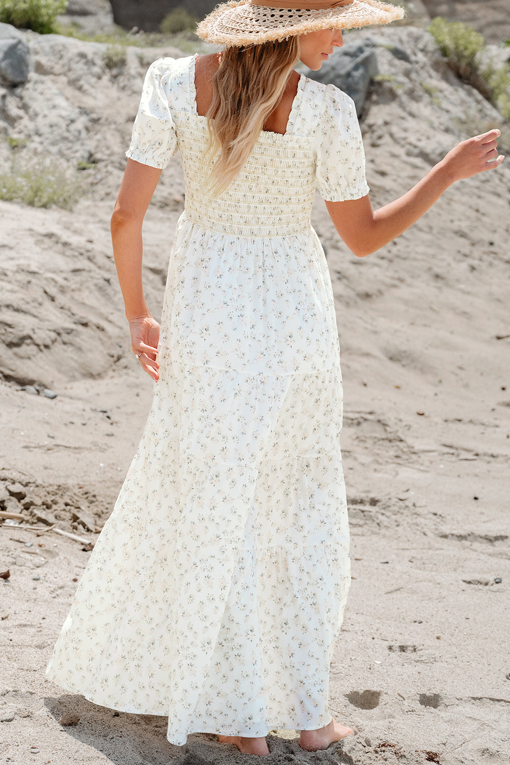 White Frilly Shirred Bodice Tiered Floral Maxi Dress - Premium Dresses/Maxi Dresses from Ashes 2 Wildflowers Boutique, LLC- Just $43.75! Shop now at Ashes 2 Wildflowers Boutique, LLC