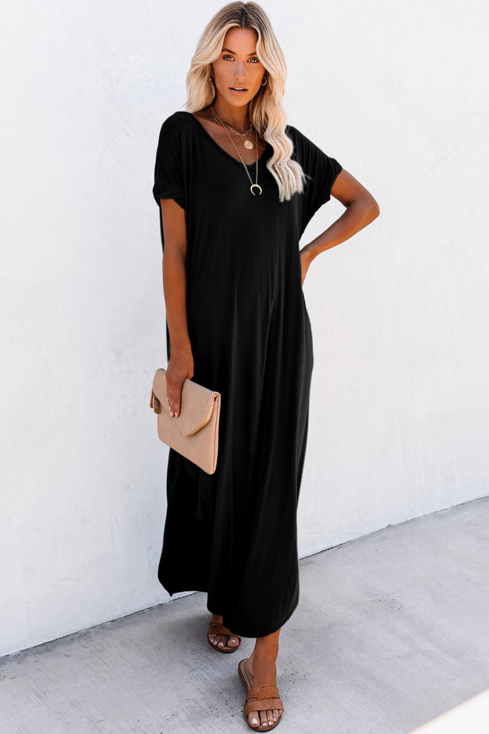 Black V Neck Hidden Pocket Splits Maxi T-shirt Dress - Premium Dresses/T Shirt Dresses from Ashes 2 Wildflowers Boutique, LLC- Just $21! Shop now at Ashes 2 Wildflowers Boutique, LLC